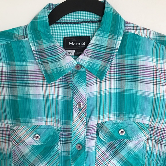 Marmot Plaid Button Up Long Sleeve Shirt Size Small Teal Nylon Outdoor Hiking - Picture 2 of 16